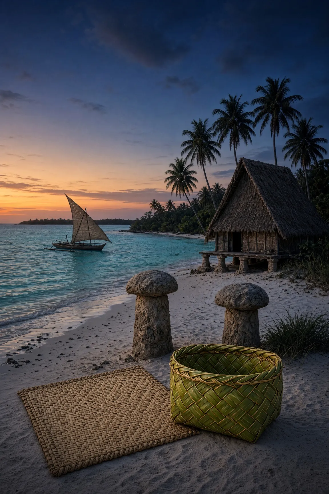 CHamoru pandanus weaving on a Mariana shore with two latte stones, a thatched house, and a sakman sailing canoe
