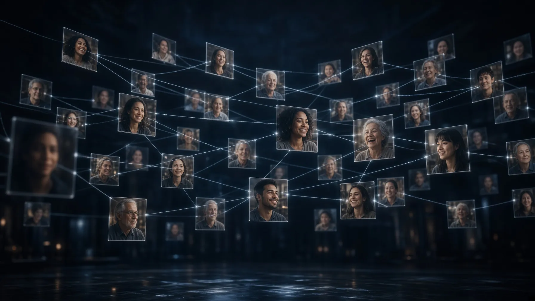 Luminous portrait frames connected by threads of light