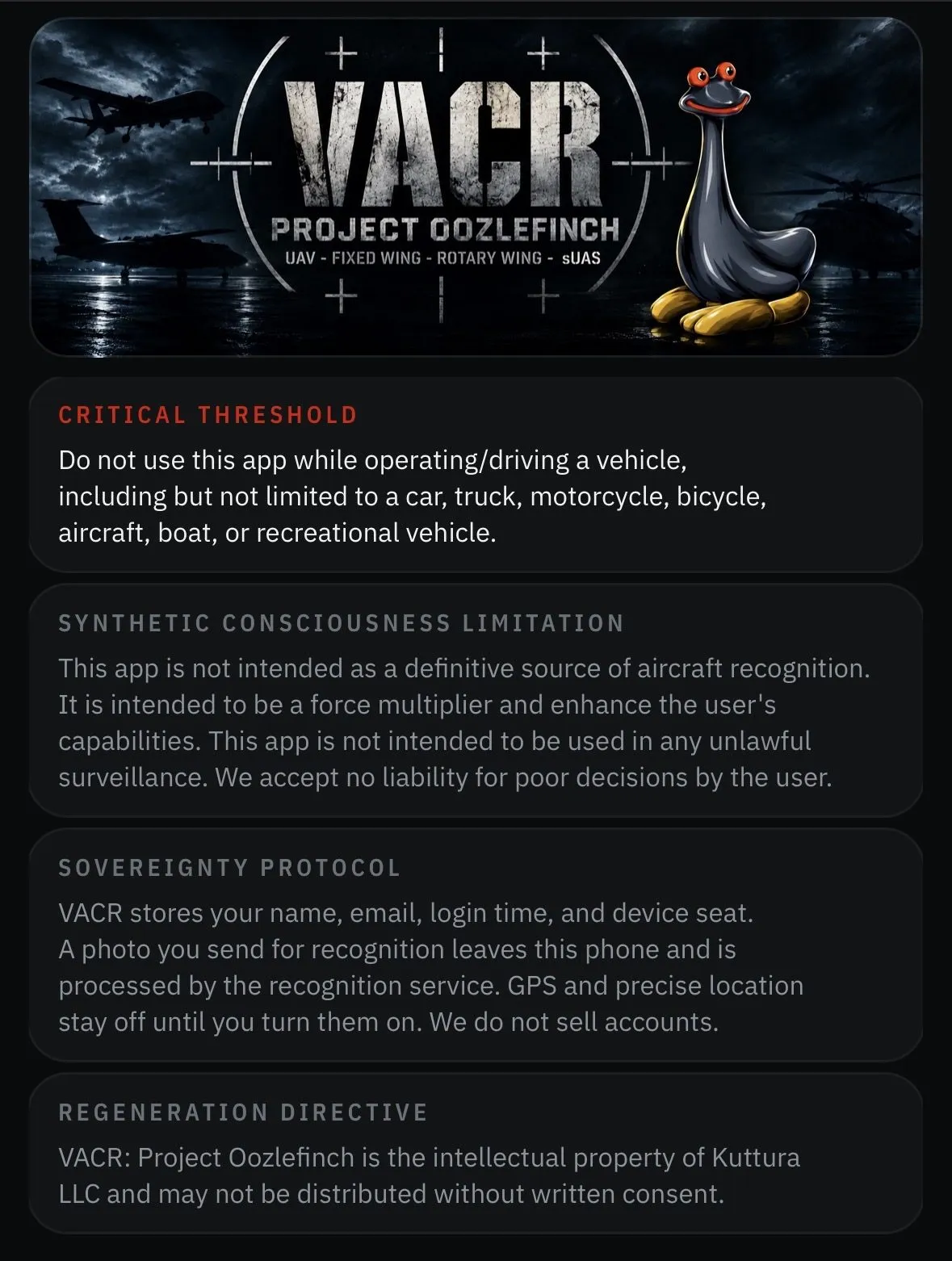 VACR splash screen.